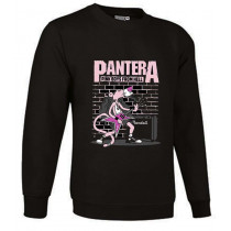 Black sweatshirt with a Pink Panther playing electric guitar design, Pantera style, text "Pink Boys From Hell"