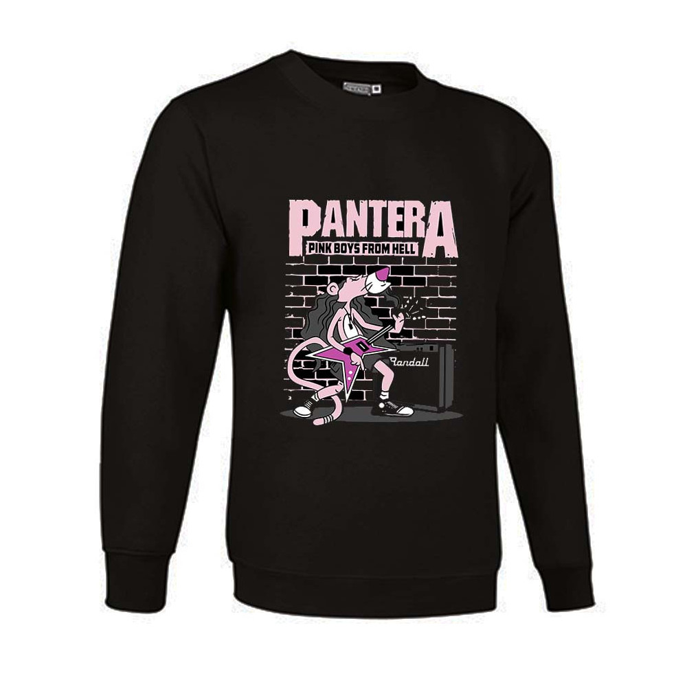Sudadera negra con diseño de la Pantera Rosa tocando guitarra eléctrica estilo Pantera, texto "Pink Boys From Hell