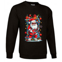 Black Christmas sweatshirt with a rocker Santa Claus design featuring sunglasses and a red electric guitar