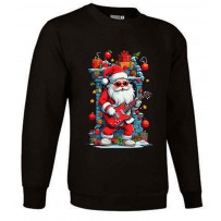 Black Christmas sweatshirt with a rocker Santa Claus design featuring sunglasses and a red electric guitar