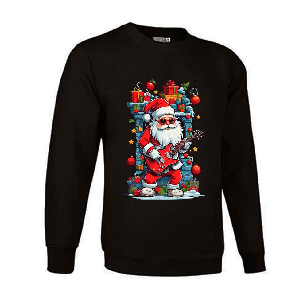 Sudadera negra de Navidad con diseño de Papá Noel rockero con gafas de sol y guitarra eléctrica roja