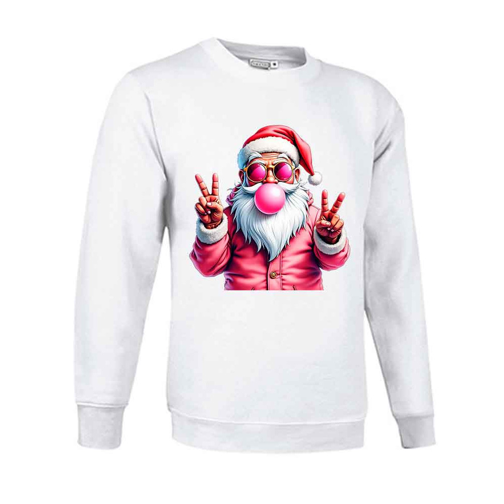 Sudadera blanca de Navidad con un divertido Papá Noel con gafas de sol y haciendo el signo de paz con una burbuja de chicle rosa