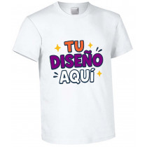 Camiseta blanca de algodón personalizable, con ejemplo de impresión de alta calidad. Sube tu foto, logo o texto y diseña online.