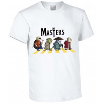 White T-shirt The Masters, a parody of Abbey Road featuring the Masters from Star Wars (Yoda, Obi-Wan)