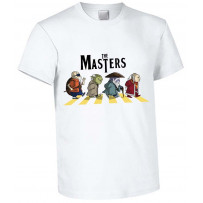 White T-shirt The Masters, a parody of Abbey Road featuring the Masters from Star Wars (Yoda, Obi-Wan)