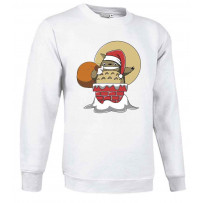 White sweatshirt featuring Totoro emerging from a chimney dressed as Santa Claus for Christmas. Studio Ghibli.