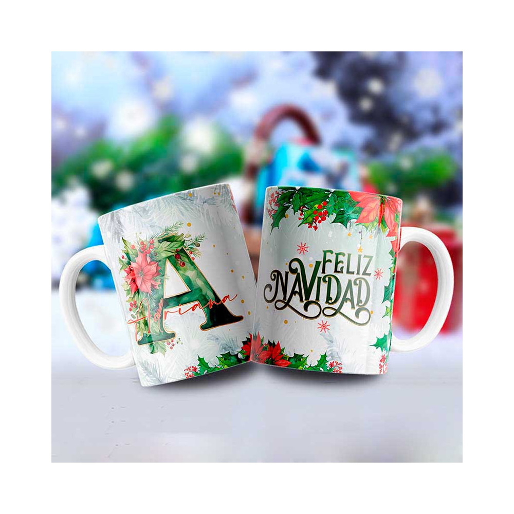 Taza de cerámica navideña personalizada: por un lado con la inicial y el nombre, y otra con Feliz Navidad.
