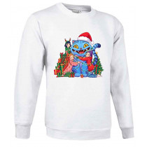 White Ugly Christmas Sweater sweatshirt with a Huntrix design and a large blue cat wearing a Santa hat