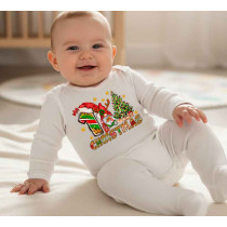 Body blanco de manga larga para bebé con diseño "Mi Primera Navidad", un gnomo festivo y un árbol navideño, en algodón suave.