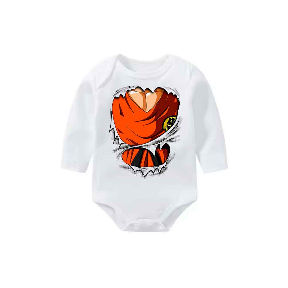 Body blanco de manga larga para bebé con un estampado del torso naranja de Goku de Dragon Ball Z con la camisa rasgada.