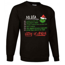 Unisex long-sleeved black sweatshirt with a humorous Grinch "My Day" print detailing his daily routine