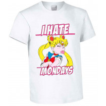 Camiseta blanca con diseño Sailor Moon haciendo mueca y texto I Hate Mondays