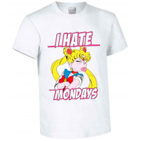 White t-shirt with a Sailor Moon design making a face and the text "I Hate Mondays".