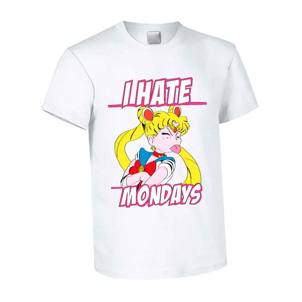 White t-shirt with a Sailor Moon design making a face and the text "I Hate Mondays".