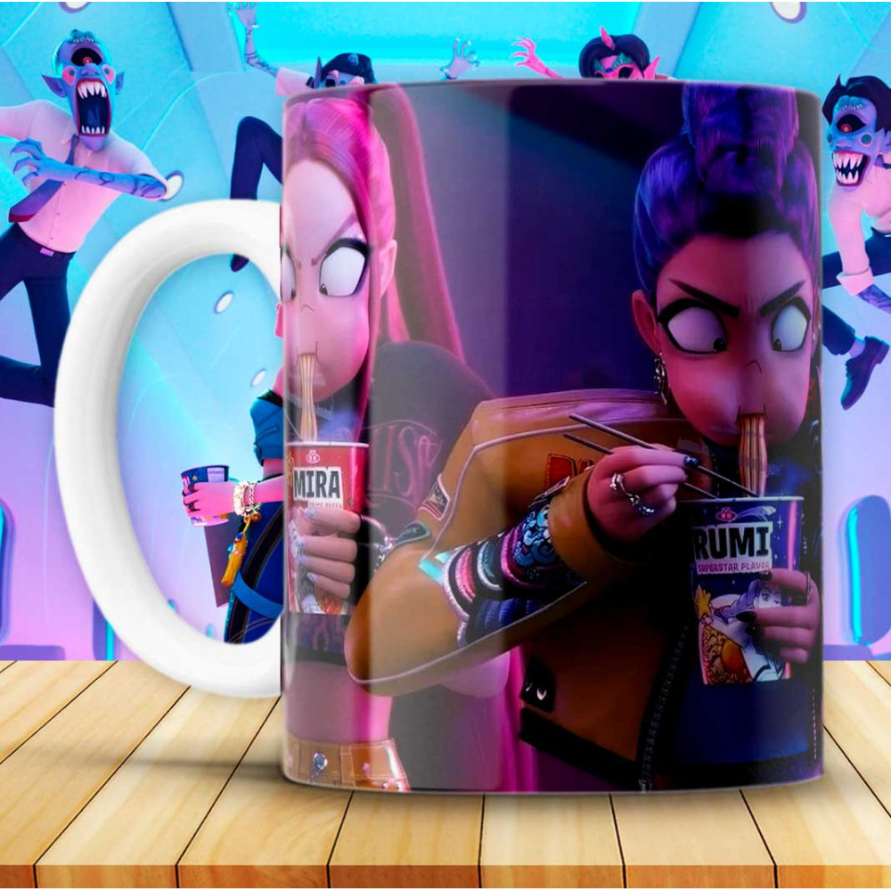Ceramic mug with animated "Demon Hunters" design with the K-pop Warriors eating ramen