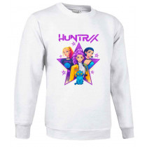 Sudadera blanca con diseño Huntrix, tres chicas anime y un gato azul sobre una estrella violeta